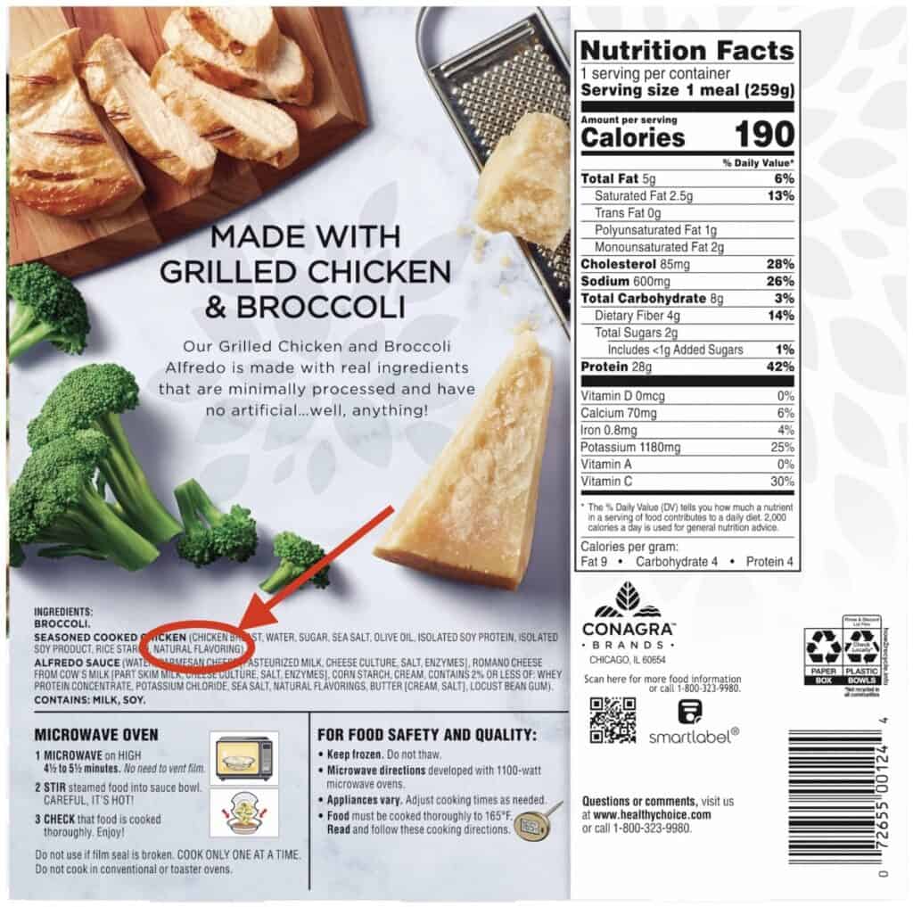 a "healthy frozen dinner with natural flavoring highlighted in the ingredient list